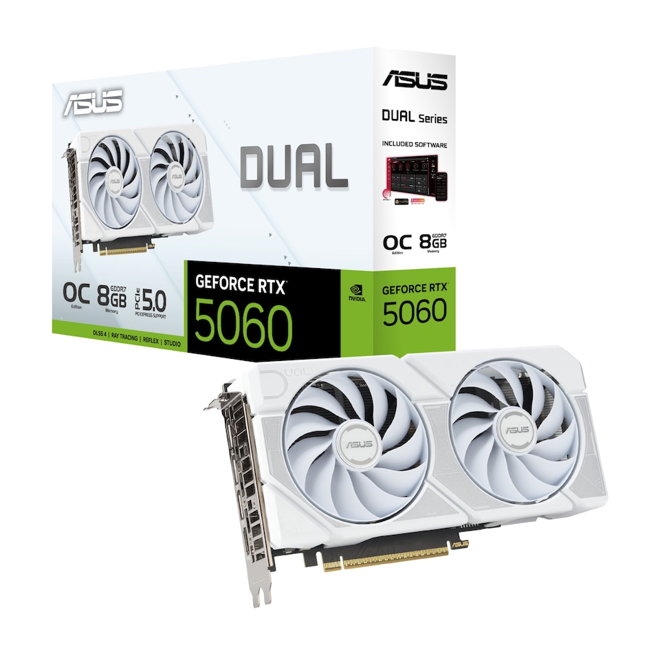 image 1 of ASUS Dual GeForce RTX 5060 OC Edition 8GB GDDR7 Graphics Card - White