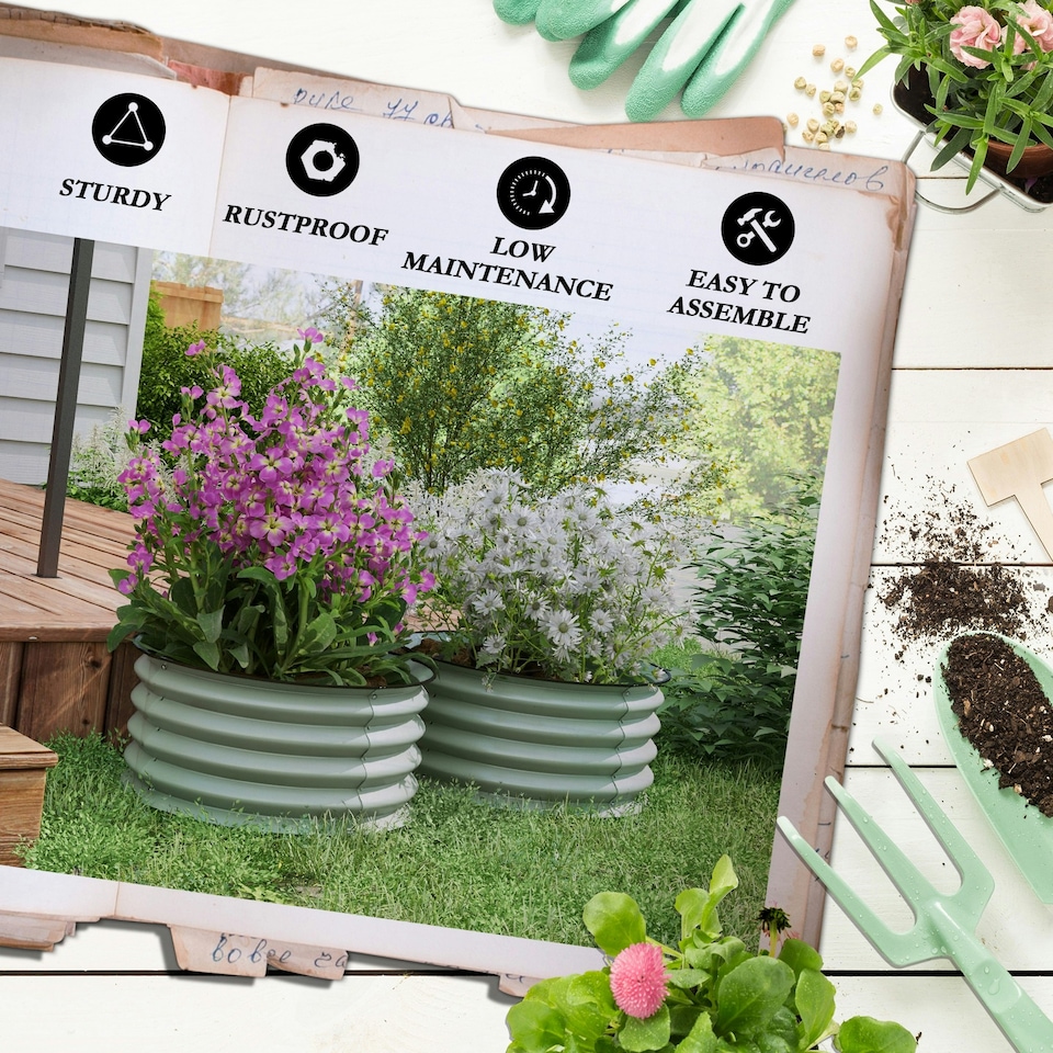 image 1 of Outsunny Set of 2 Raised Garden Bed Metal Planter Box with Safety Edging, Grey