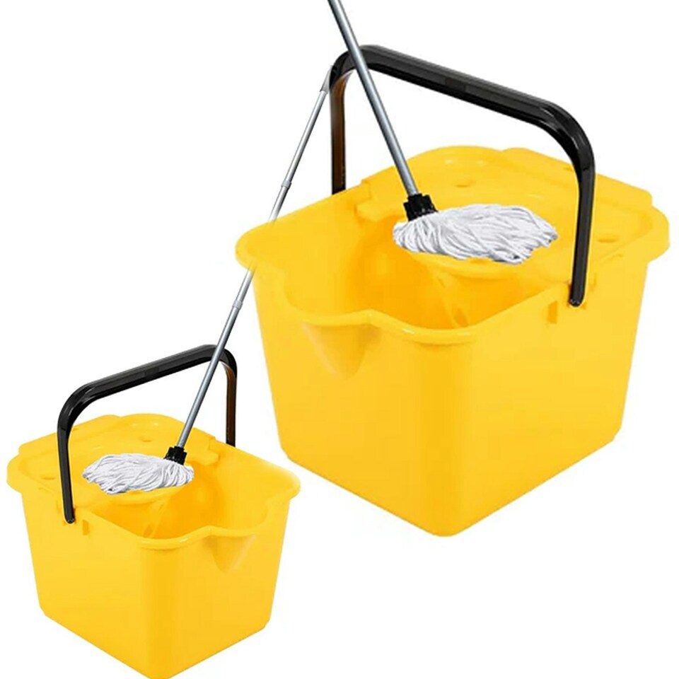 image 1 of 1 x Yellow 12 Litre Cotton Mop & Bucket Hard Floor Cleaning Set With Wringer & Pouring Lip