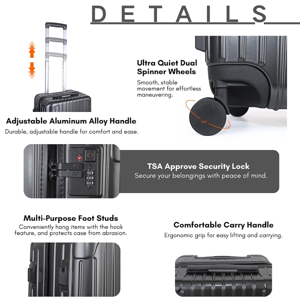 image 1 of 3 Piece Suitcase Set with Built-in Cupholder, Lightweight Luggage | Black | Oxyn Black