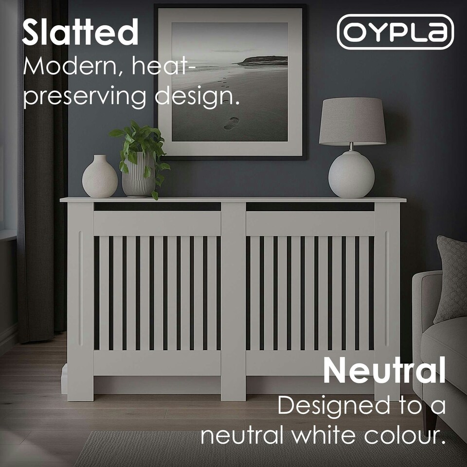 image 1 of Oypla Large White Wooden Slatted Grill Radiator Cover MDF Cabinet