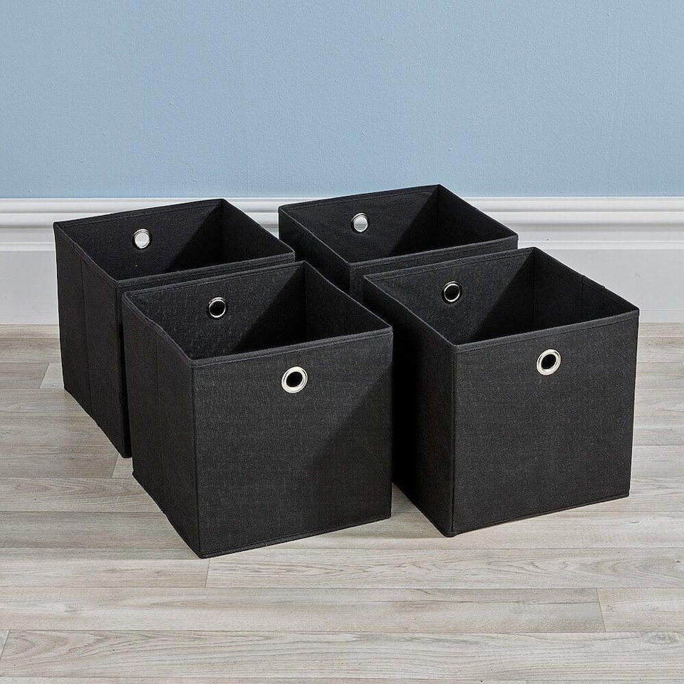 image 1 of Foldable Canvas Storage Folding Box Fabric Cube Cloth Bag 4 Piece Set | Black