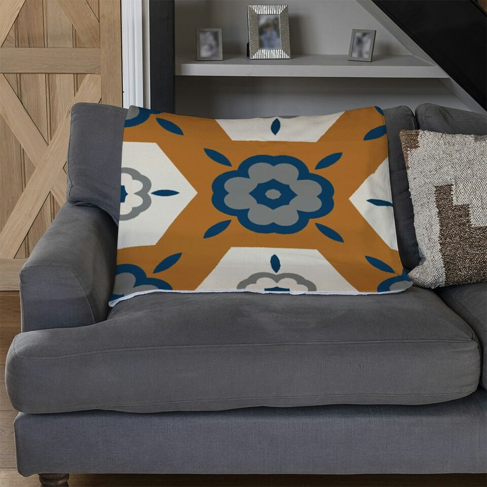 image 1 of Rust orange background with gray, navy blue and beige (Blanket)