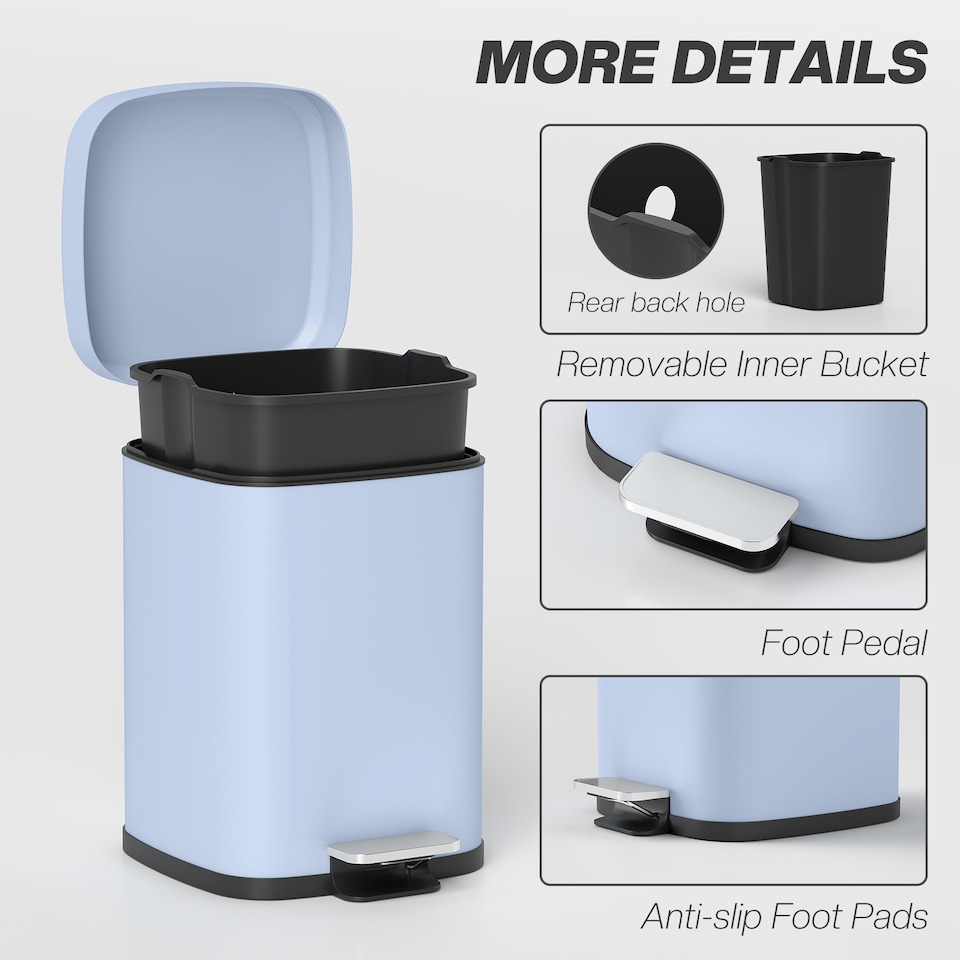 image 1 of HOMCOM 12L Kitchen Pedal Bin, Metal Rubbish Bin with Soft-close Lid, Light Blue