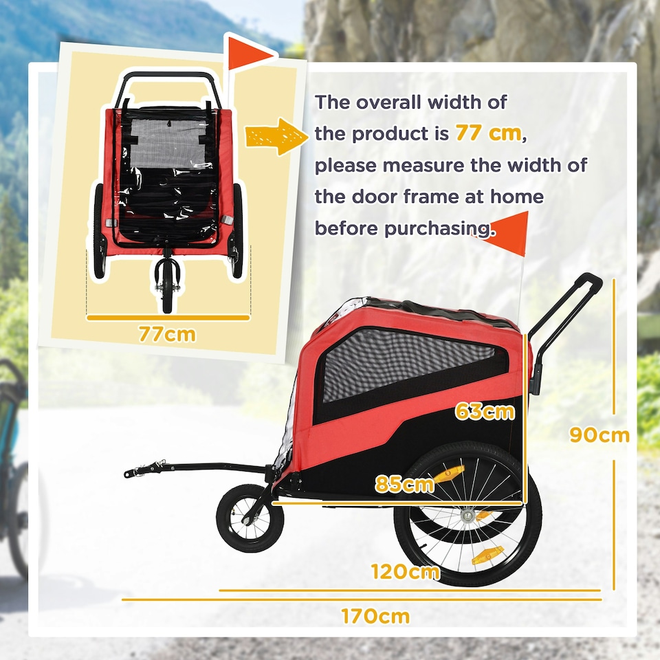 image 1 of PawHut 2 in 1 Dog Bike Trailer Pet Stroller for Large Dogs W/ Hitch - Red