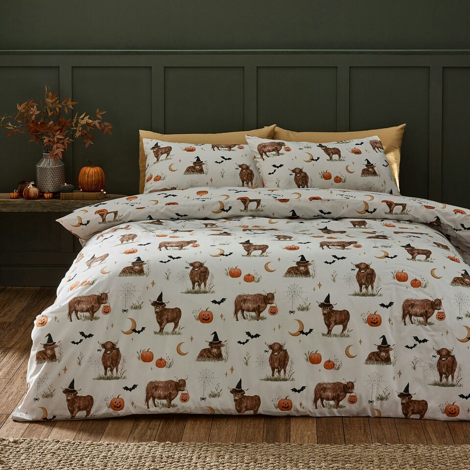 image 1 of Catherine Lansfield Halloween Highland Cow Reversible Duvet Cover Set Natural Cream | Natural | Single