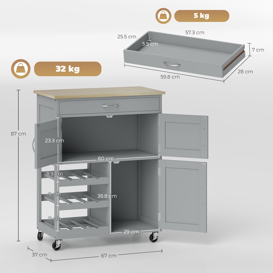 image 1 of HOMCOM Modern Kitchen Trolley, Rolling Island Storage Cart with Drawer, 9-bottle Wine Rack, Door Cabinets, Wooden Countertop, Grey