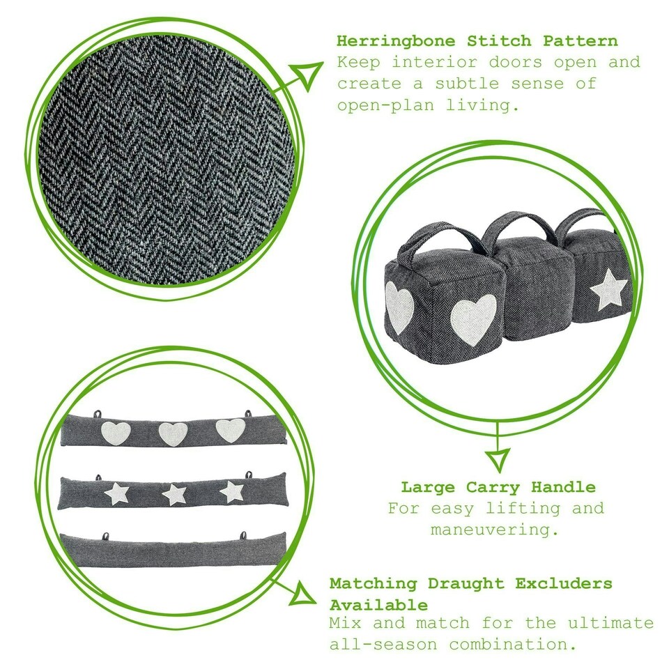 image 1 of Nicola Spring Mismatched Herringbone Door Stop Set - Heart - Pack of 2