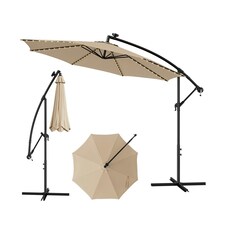 COSTWAY 303 cm Patio Parasol Solar LED Cantilever Offset Umbrella Cream