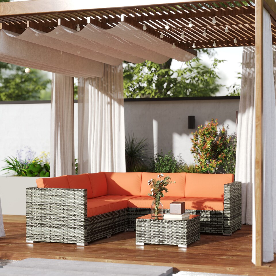 image 1 of Outsunny 4 Pieces Rattan Garden Furniture Sofa Set with Coffee Table | Orange | One Size