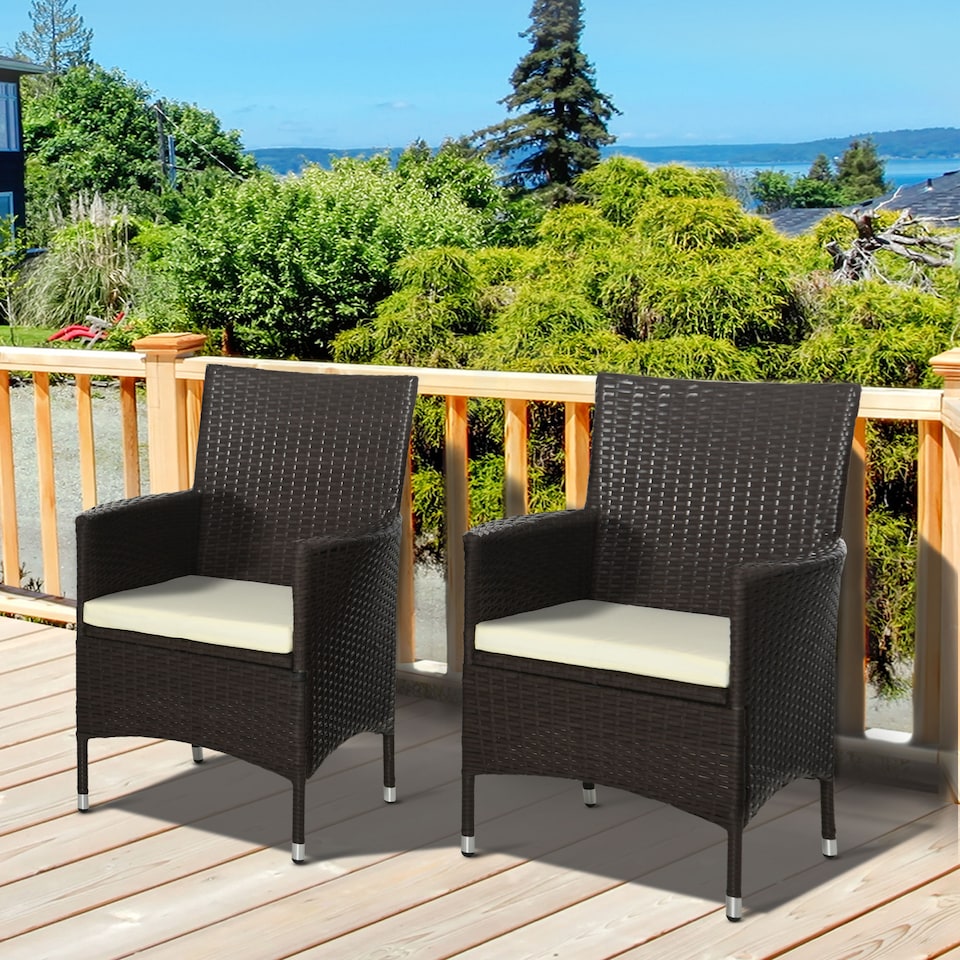 image 1 of Outsunny 2 Pieces Outdoor PE Rattan Dining Chairs Set with Cushion, Garden Armchair with Armrests, High Backrest, Metal Frame Patio Wicker Furniture, Coffee