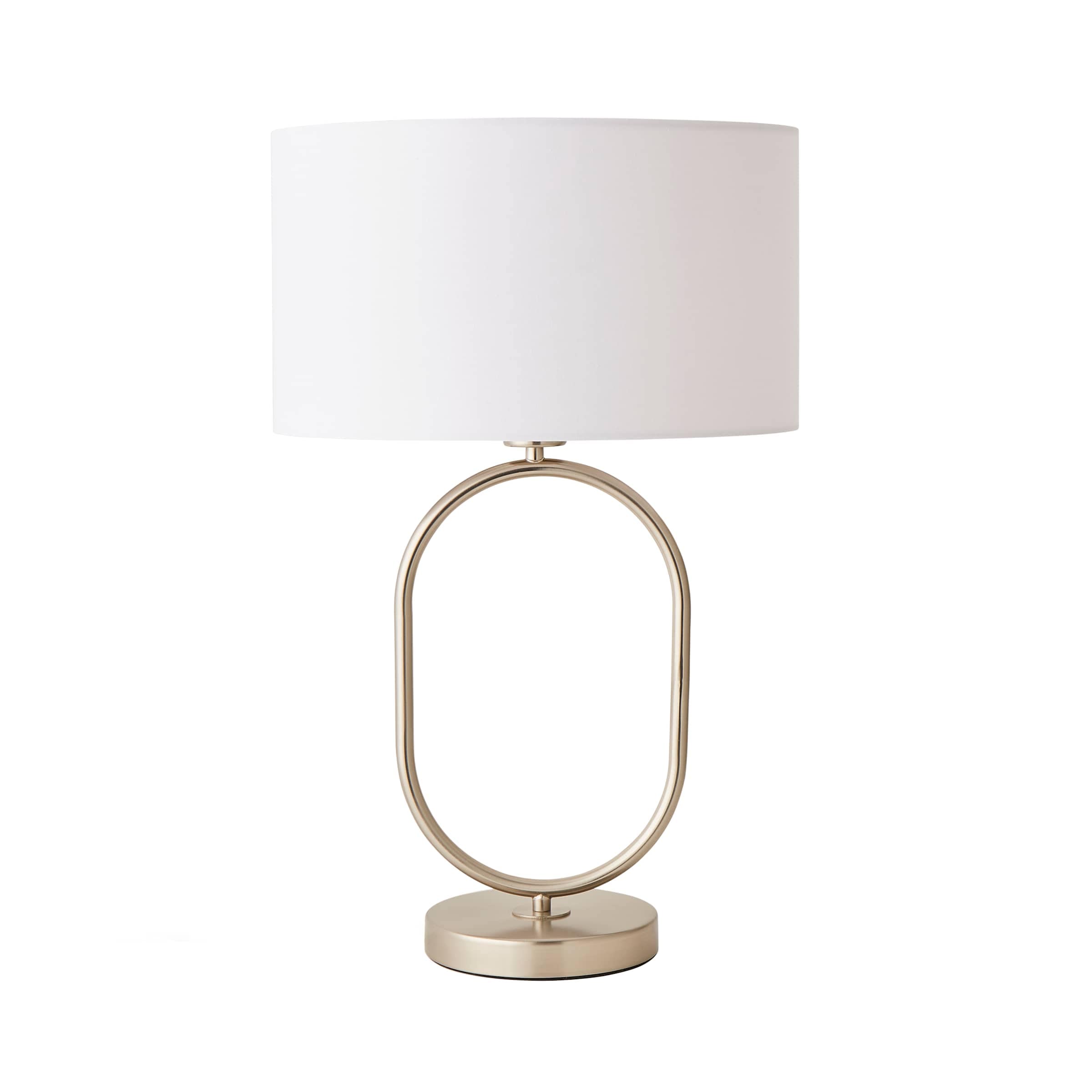 ValueLights Antonia Fabric Drum Lamp Shade Brushed Chrome Oval Table Lamp & Bulb in White