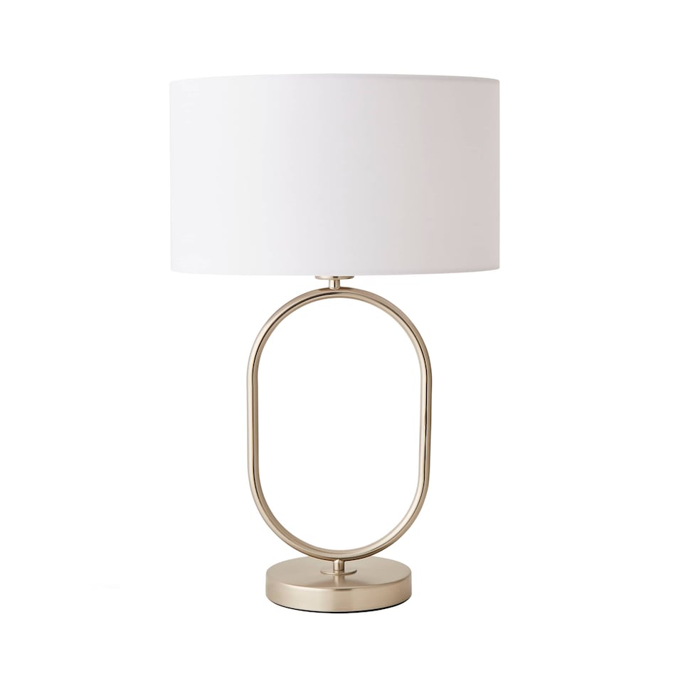 image 1 of ValueLights Antonia White Fabric Shade Brushed Chrome Oval Table Lamp & Bulb | Silver