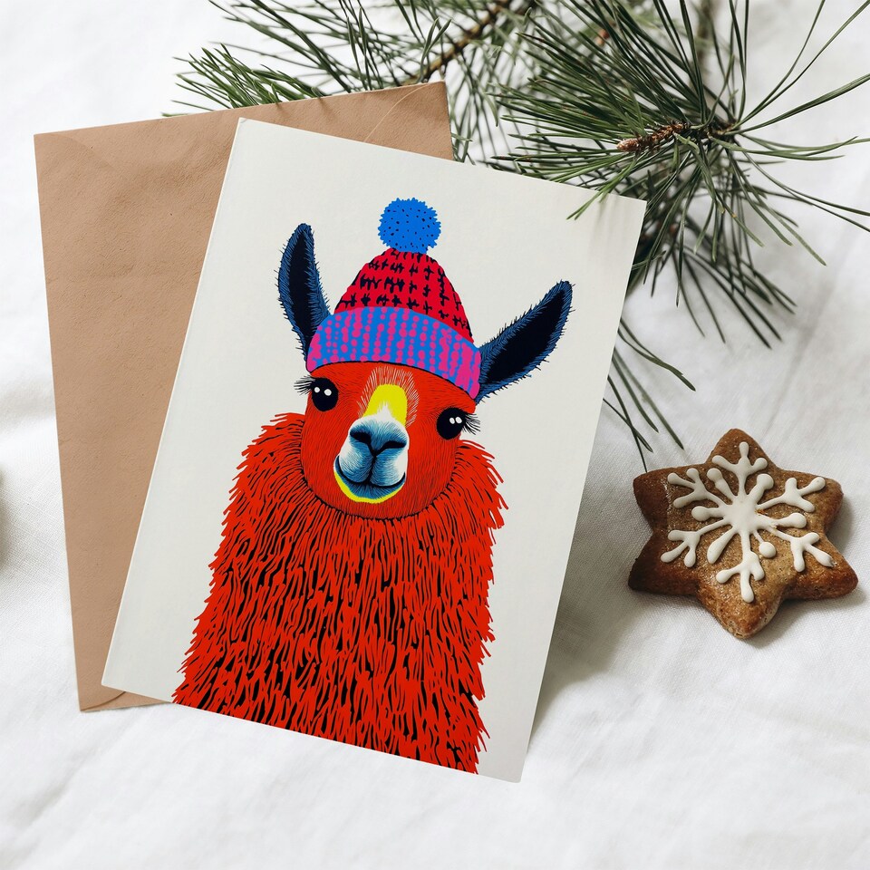 image 1 of Greeting Card Cute Llama With Winter Hat Bright Vibrant Pop Art For Her Woman Xmas Christmas Card