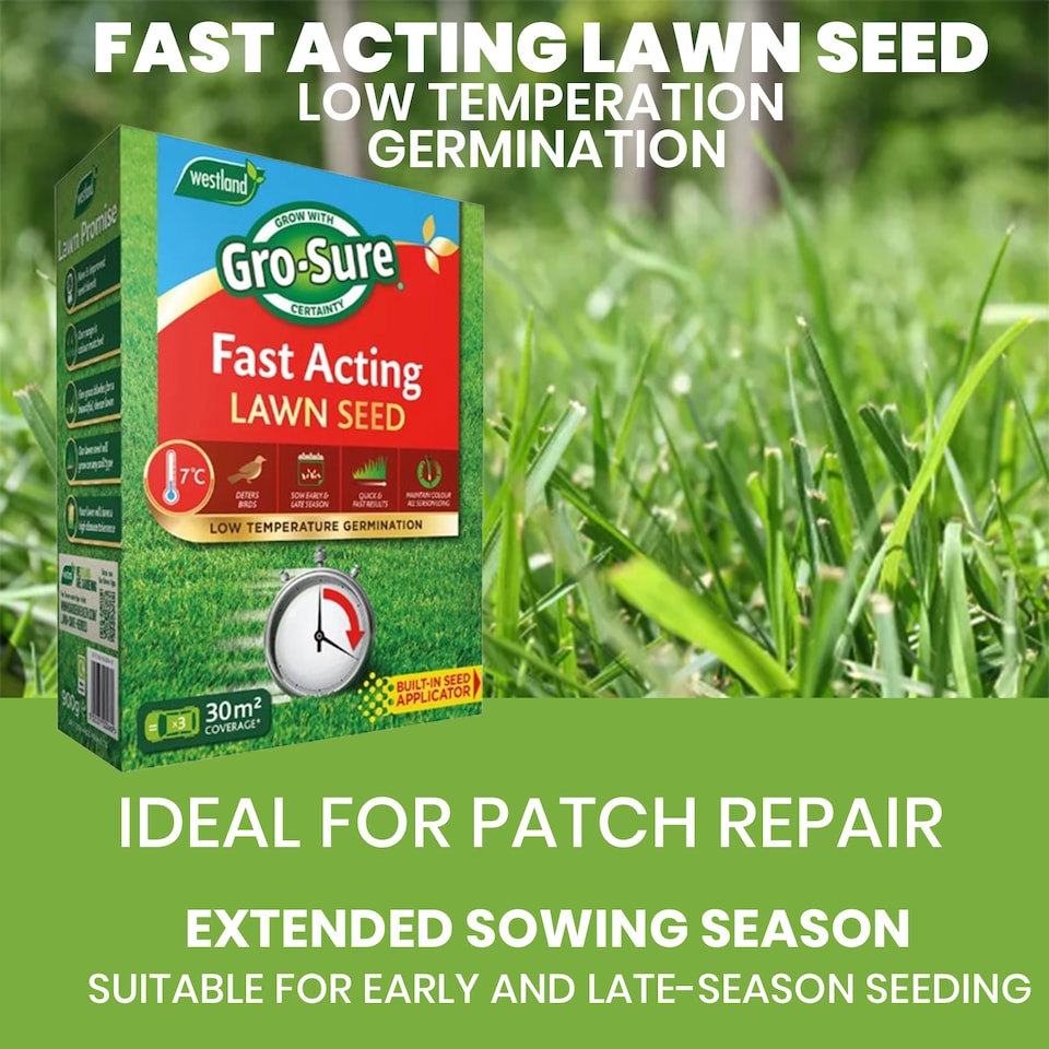 image 1 of Gro-Sure Fast Acting Lawn Seed 30 Square Meter Quick Growing Hard Wearing Grass Ideal for Bare Patches & Overseeding | Brown