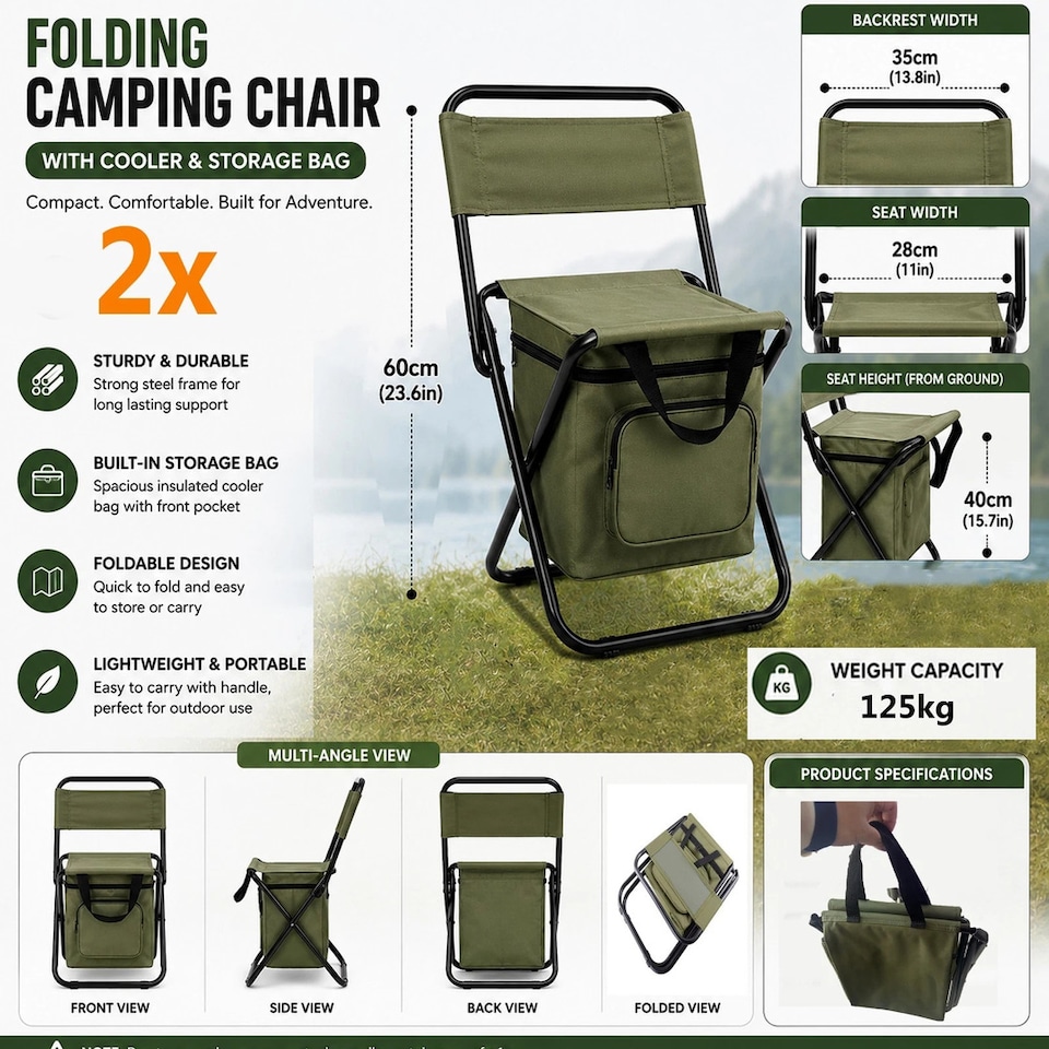 image 1 of 2X Folding Camping Chair Lightweight Foldable Fishing Chairs Portable Camping Chair Cooler Bag Outdoor Backrest Stool