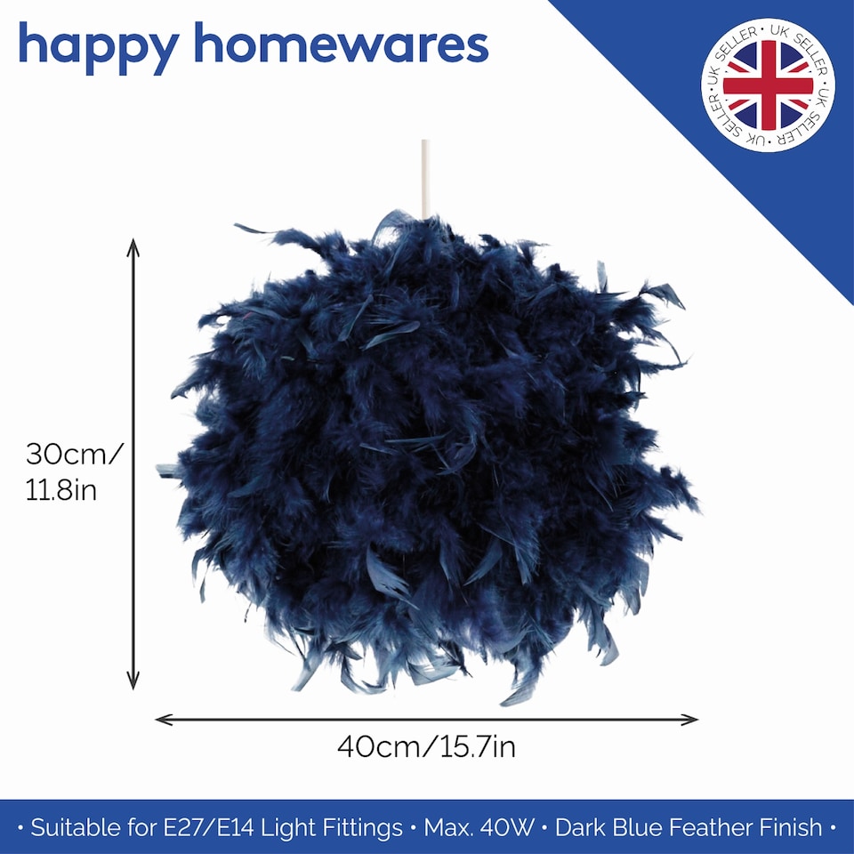 image 1 of Contemporary and Unique Large Blue Real Feather Decorated Pendant Light Shade | Blue