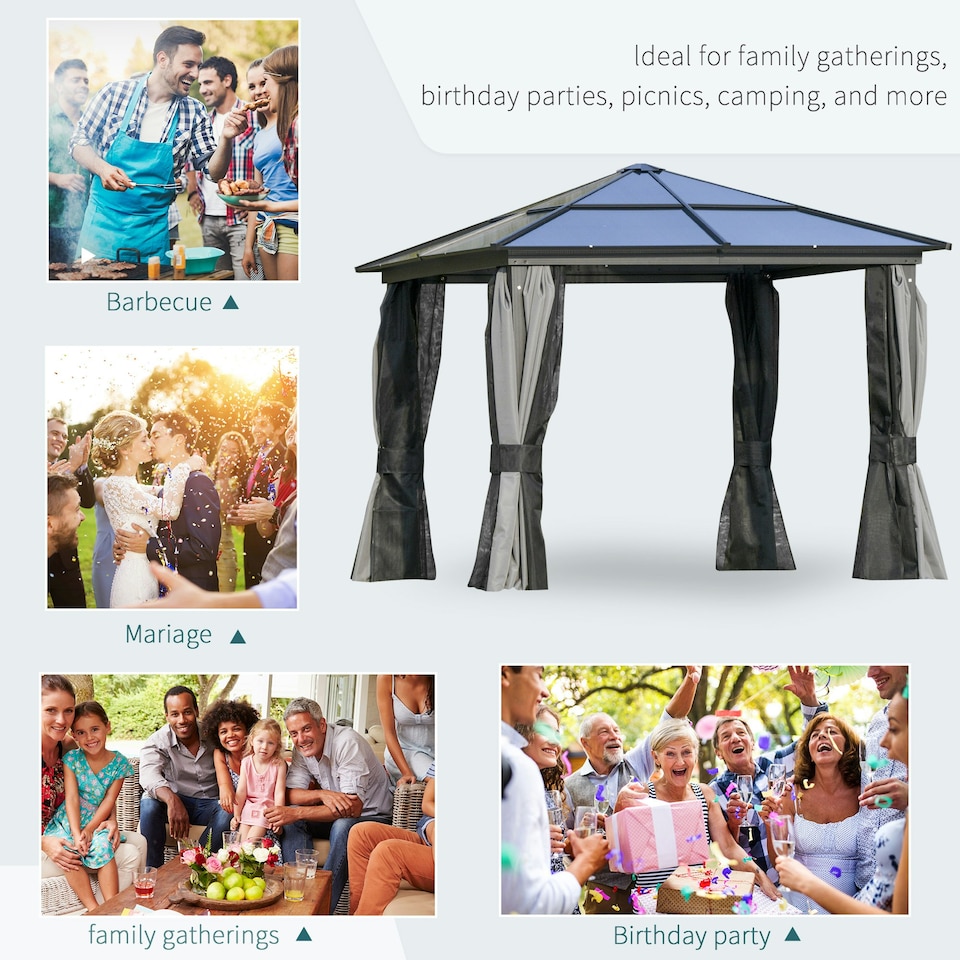 image 1 of Outsunny 3x3(m) Aluminium Hardtop Gazebo Canopy w/ Polycarbonate Top, Curtains