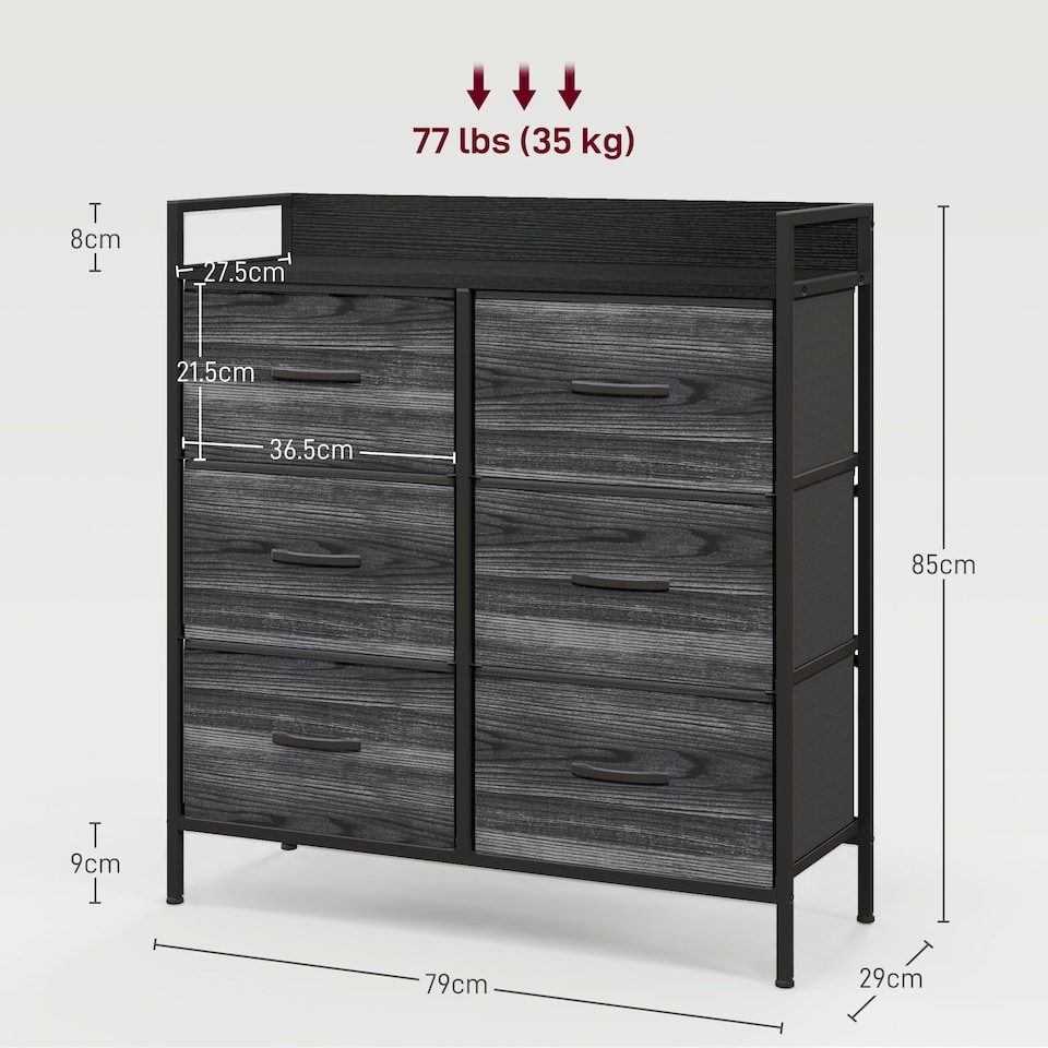 image 1 of HOMCOM Bedroom Chest of Drawers, Fabric Dresser with 6 Drawers, Storage Organiser Unit with Open Shelf and Metal Frame for Living Room, Entryway, Black | Black | Black