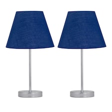 Set of 2 Chrome Stick Table Lamps with Navy Blue Fabric Shades Chrome | Blue
