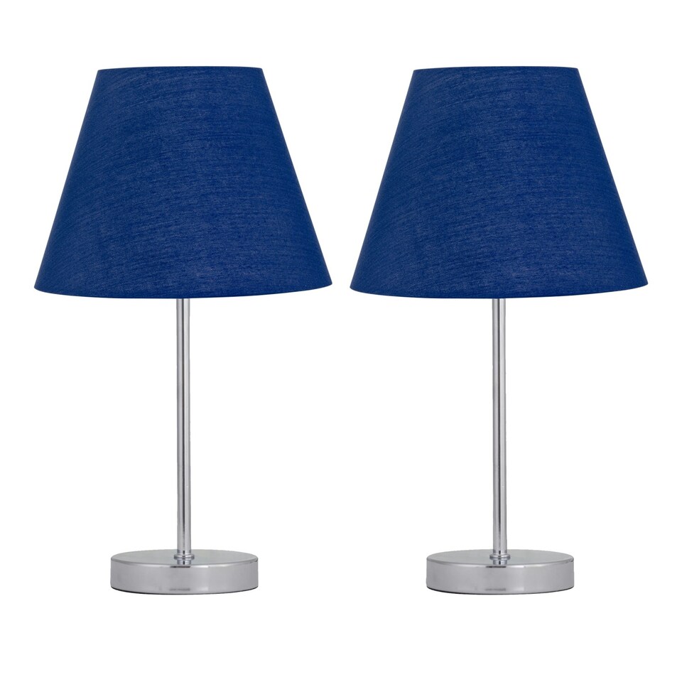 image 1 of Set of 2 Chrome Stick Table Lamps with Navy Blue Fabric Shades Chrome | Blue