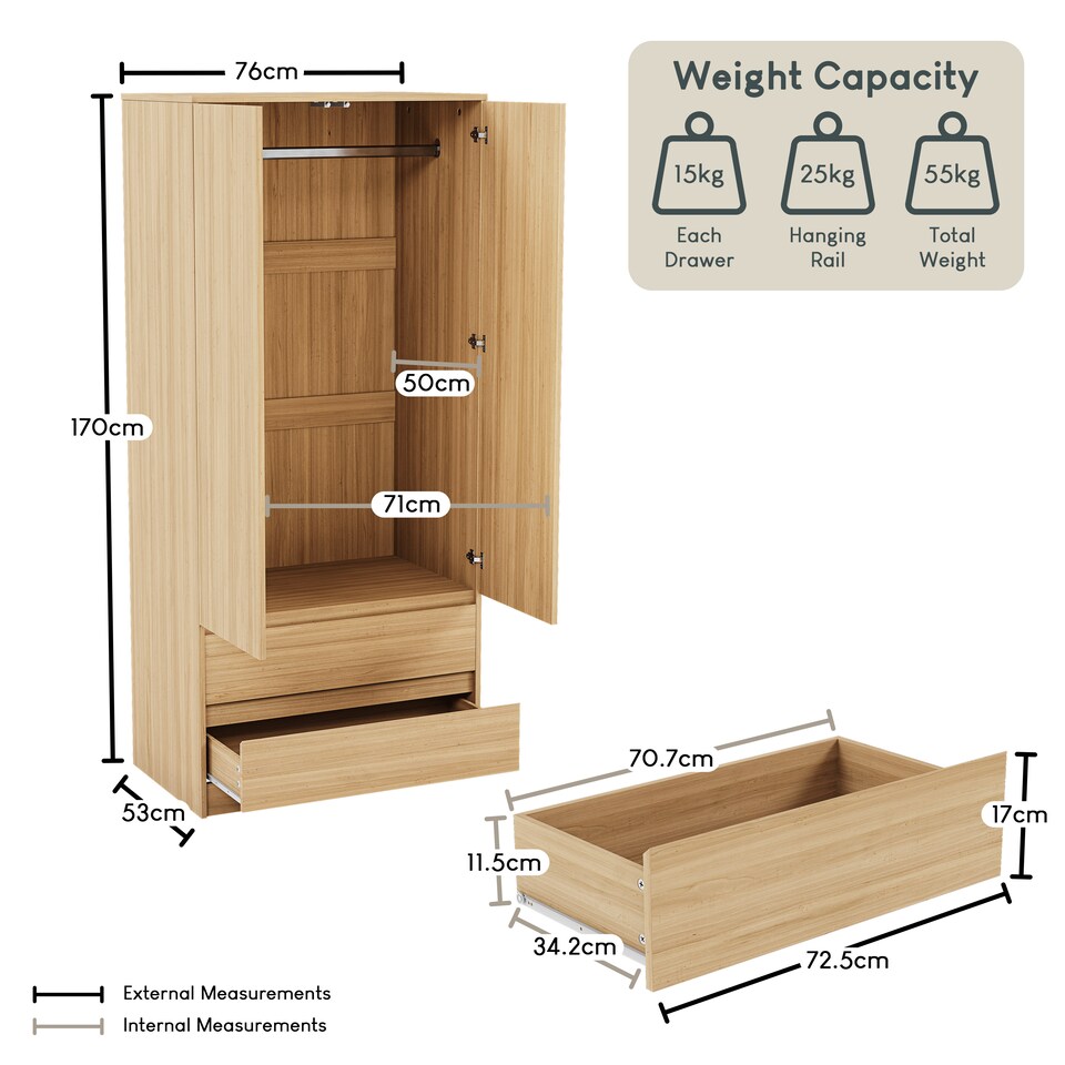 image 1 of Vida Designs Denver 2 Door 2 Drawer Wardrobe With Shelf & Clothes Rail, Pine