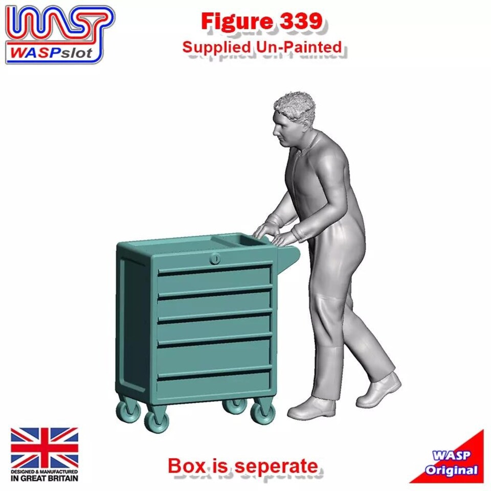 image 1 of Trackside Unpainted Figure Mechanic Pushing Tool Chest Scenery Display No 339 New 1:32 Wasp