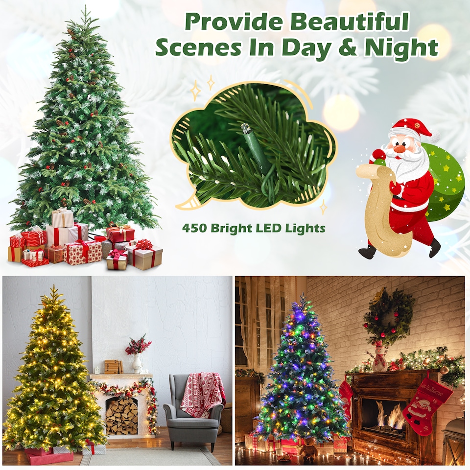 image 1 of COSTWAY 7FT Pre-lit Artificial Christmas Tree w/ 450 LED Lights Green