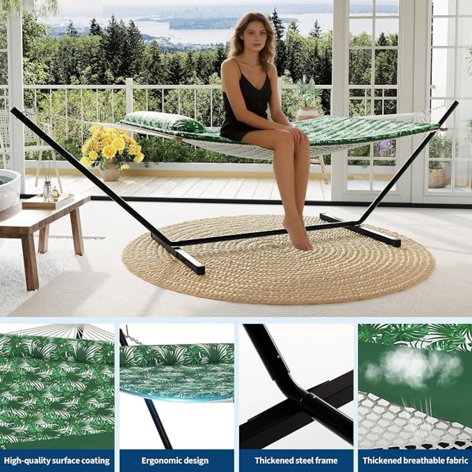 image 1 of London Boutique Double Hammock with Stand, 450lbs Heavy Duty 2 Person Hammock with Pillow & Pad for Backyard Garden Camping