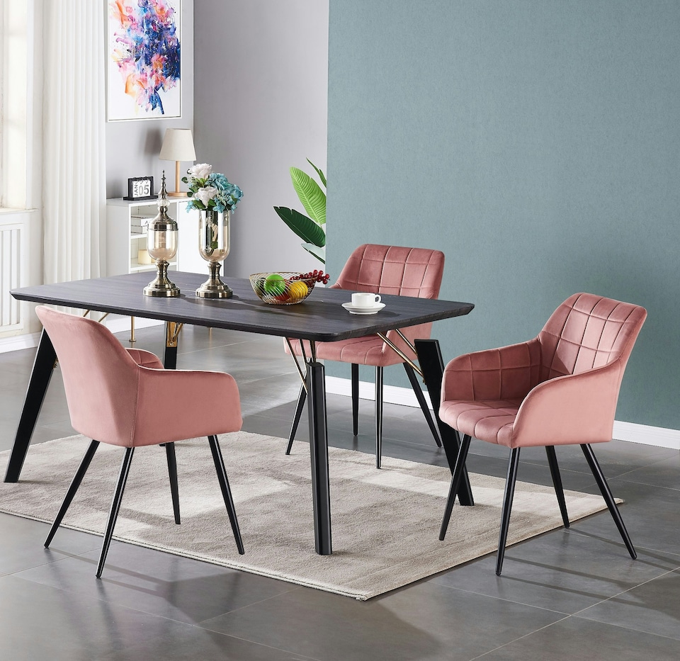 image 1 of Set of 6 Camden Modern Velvet Dining Chairs with Armrests, Quilted Design & Black Metal Legs | Pink