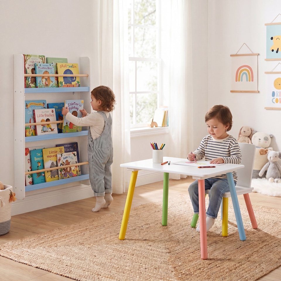 image 1 of Rainbow Table and Chair & Bookshelf Set - White & Blue