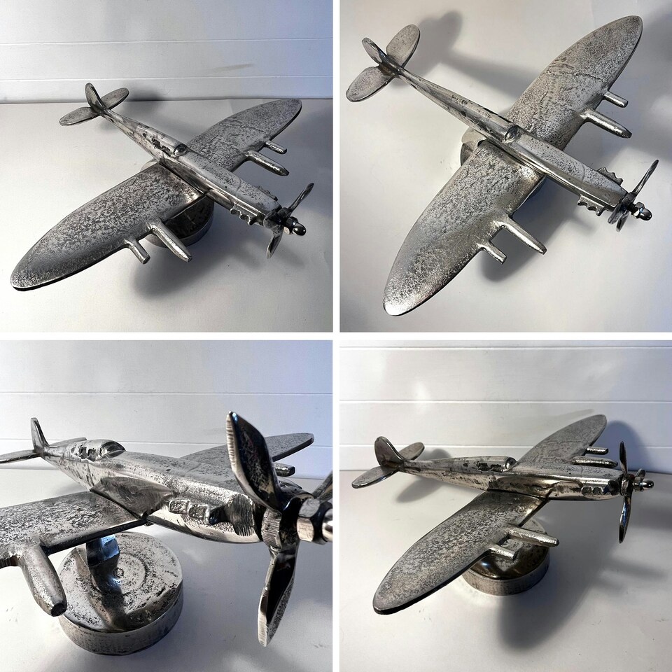 image 1 of Cast Aluminium Spitfire Model Plane display model on stand with distressed silver finish
