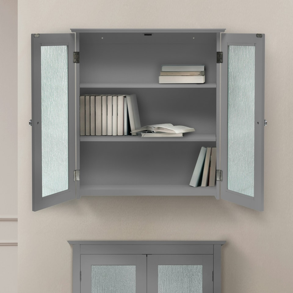 image 1 of Teamson Home Wooden Bathroom Wall Cabinet 2 Glass Doors Grey