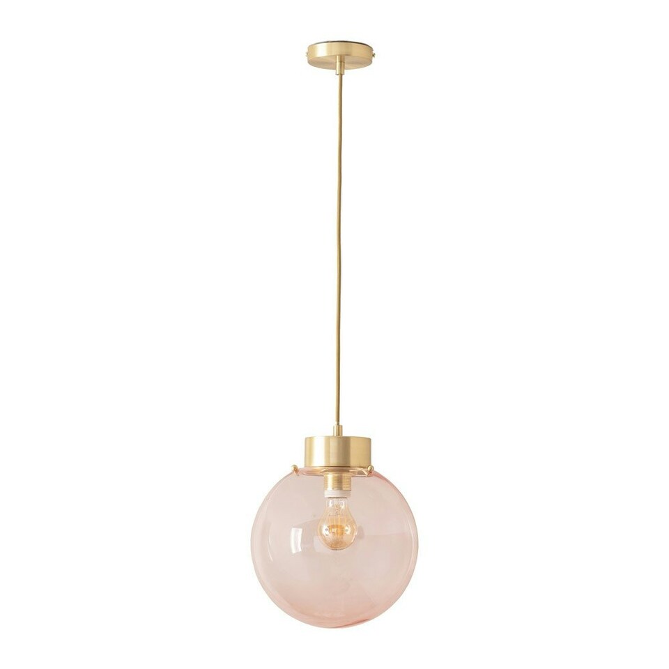 image 1 of ValueLights Frenchie Pink Glass Globe Brushed Gold Capped Ceiling Pendant Light with Bulb Gold