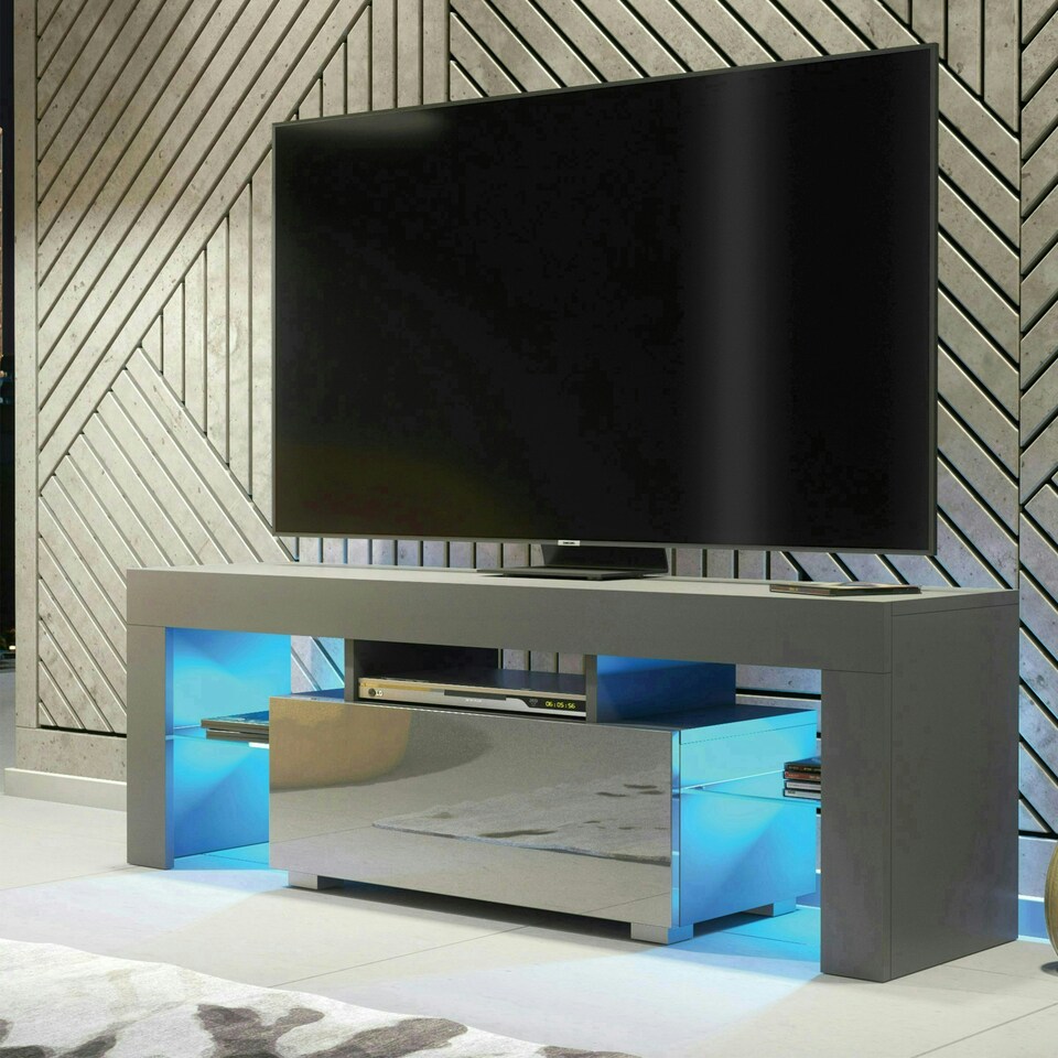 image 1 of TV Unit 130cm Grey Gloss Door Grey Matt Body with Glass Sides Free LED Grey