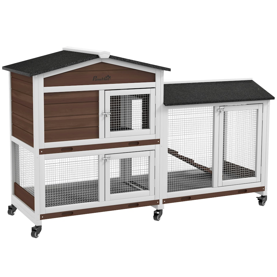 image 1 of PawHut Rabbit Hutch, Bunny Cage Outdoor 2-Tier w/ Wheels & Tray, Brown