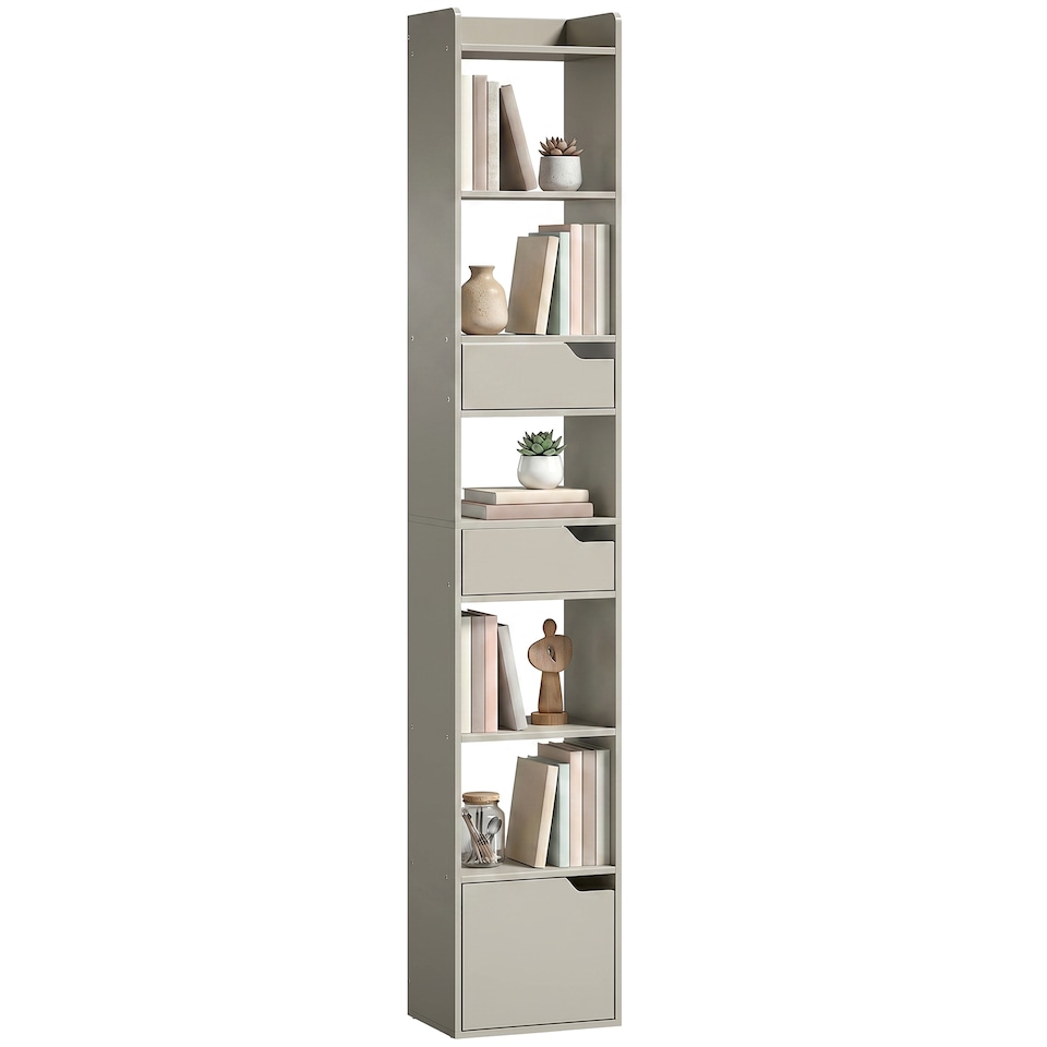 image 1 of HOMCOM Bookcase Tall Narrow with 5 Tiers Drawers