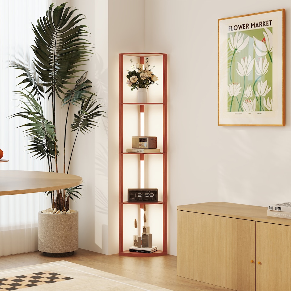 image 1 of HOMCOM LED Floor Lamp with Shelves, 5-Tier Dimmable Standing Lamp with Adjustable Brightness and Foot Switch, Modern Corner Display Shelf Unit for Living Room Bedroom Office, Brown | Brown