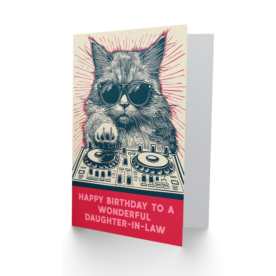 image 1 of DJ Moggie Cat Retro Cool On Decks Fun Daughter in Law Funny Birthday Card