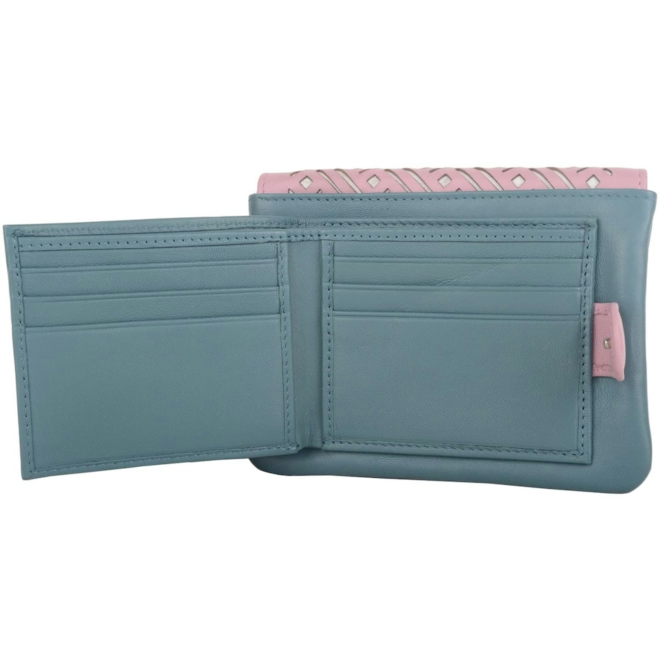 image 1 of Laser Cut Genuine Leather Credit Card Money Holder Wallet Purse Blue | Teal/Blush