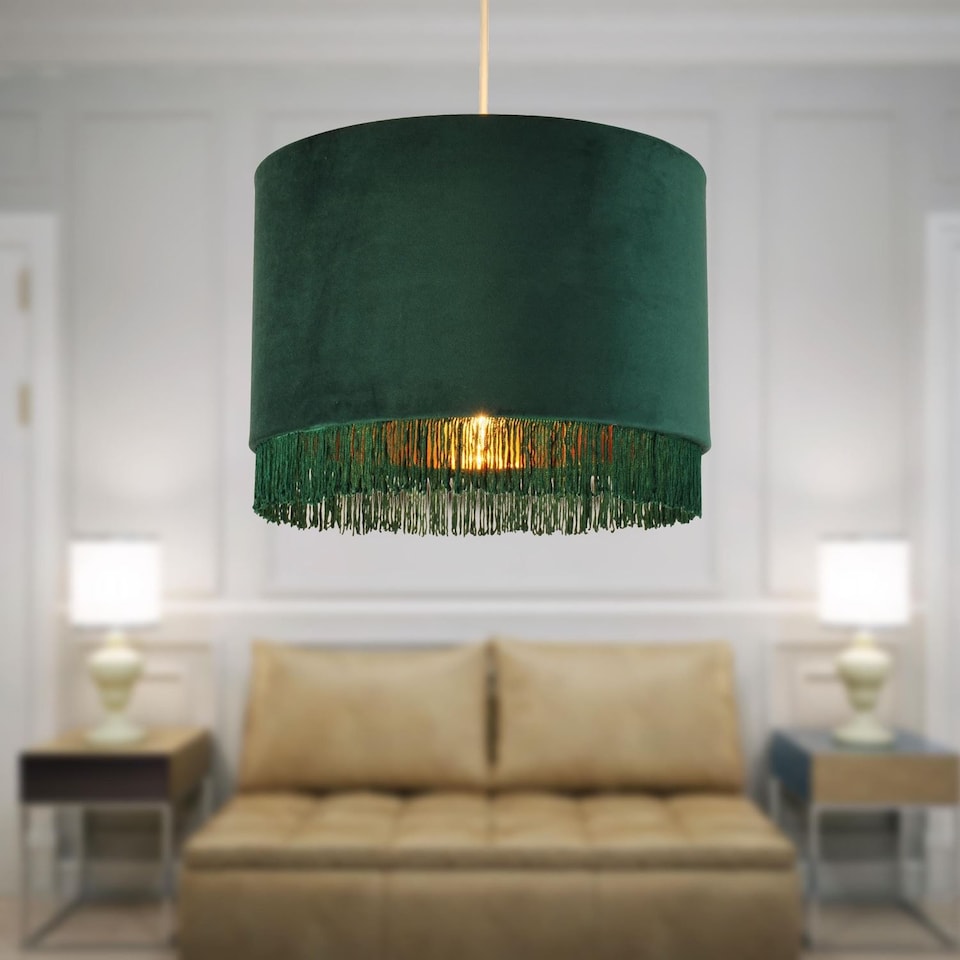 image 1 of Spruce Green Velvet With Gold Inner Tassled Light Shade | Green | Gold | Large | 1