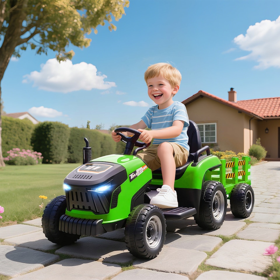 image 1 of AIYAPLAY Ride on Tractor with Trailer, 12V Electric Vehicle with Remote Control, Ride on Car for Kids with Music, Shifter, Start-Up Sound for Ages 3-8 Years | Green