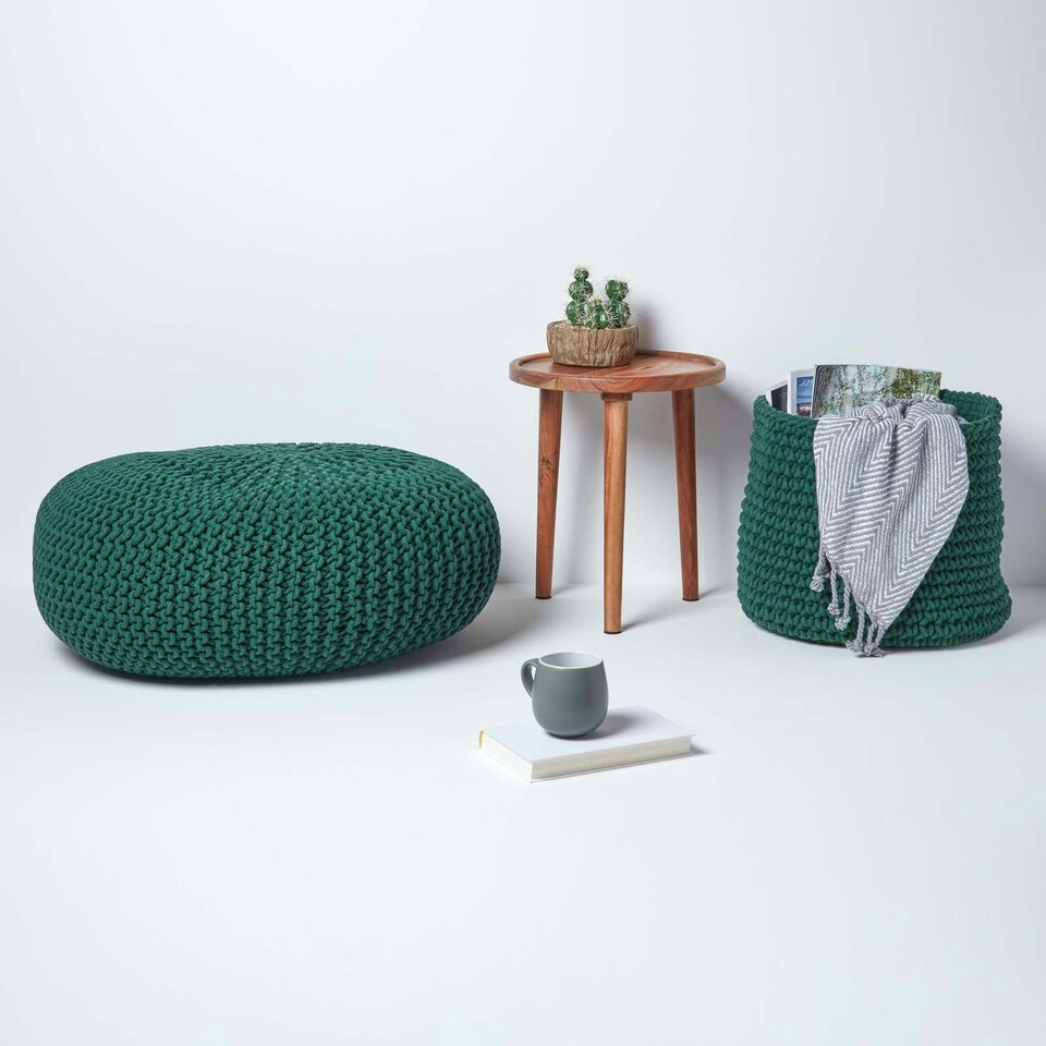 image 1 of Homescapes Forest Green Large Round Cotton Knitted Pouffe Footstool