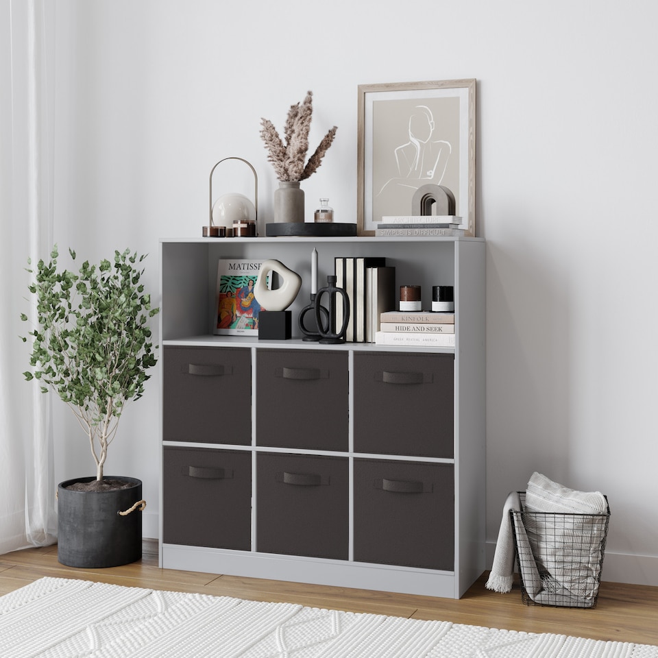 image 1 of Wide 7-Cube Bookcase With Drawers | Grey | Grey & Black | 1