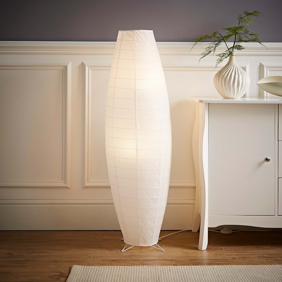 image 1 of ValueLights Isla White Paper Column Metal Base Floor Lamp | White