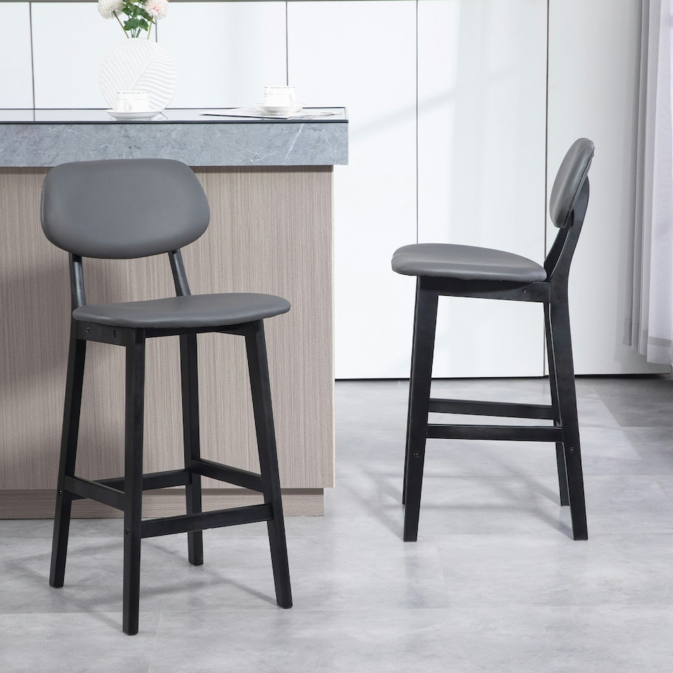 image 1 of HOMCOM Breakfast Bar stools Set of 2 with PU Leather Cover, Wood Legs, Dark Grey