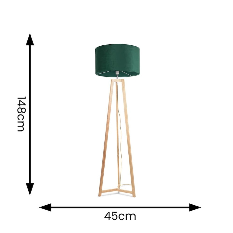 image 1 of ValueLights Lottie Natural Wood Tripod Floor Lamp Forest Green Velvet Shade | Green