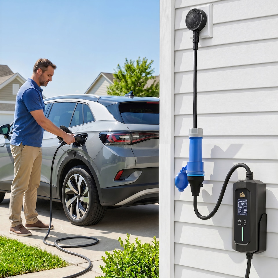 image 1 of HOMCOM EV Charger 7kW Type 2 to CEE 32A Plug with UK Adapter, 10 m, 6-32A