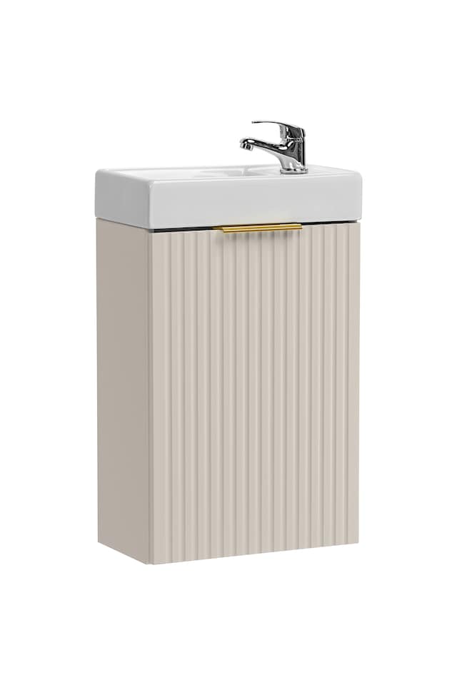 image 1 of Bathroom Vanity Unit 400mm Beige Wall Sink Cabinet Cloakroom Basin Slimline Fluted Cashmere Modern Small Unit with Sink Adel
