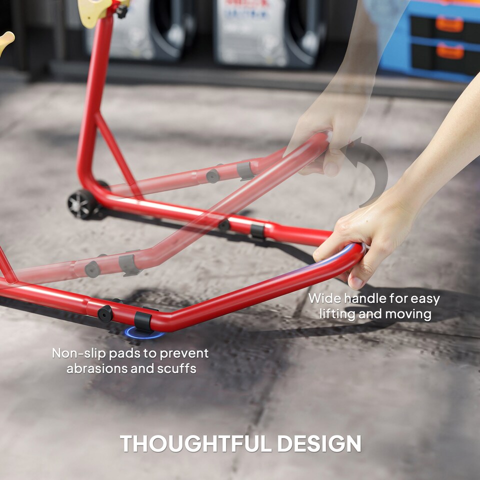 image 1 of HOMCOM Motorcycle Rear Wheel Stand, 544 kg Capacity Heavy Duty Steel Motorbike Motorcycle Paddock Stand Lift with Adjustable U + L Forks, Wheels, Non-Slip Pads for Workshop Garage Repair, Red